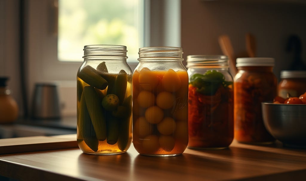 Warmly lit modern kitchen countertop with a calm, lived-in feel. No people in the scene. On the counter are several mason jars in different stages of fermentation and pickling—one jar with pickles submerged in liquid, another slightly cloudy from fermentation, and a third partially filled with kimchi. Warmly lit modern kitchen countertop with a calm, lived-in feel. No people in the scene. On the counter are several mason jars in different stages of fermentation and pickling—one jar with pickles submerged in liquid, another slightly cloudy from fermentation, and a third partially filled with kimchi.