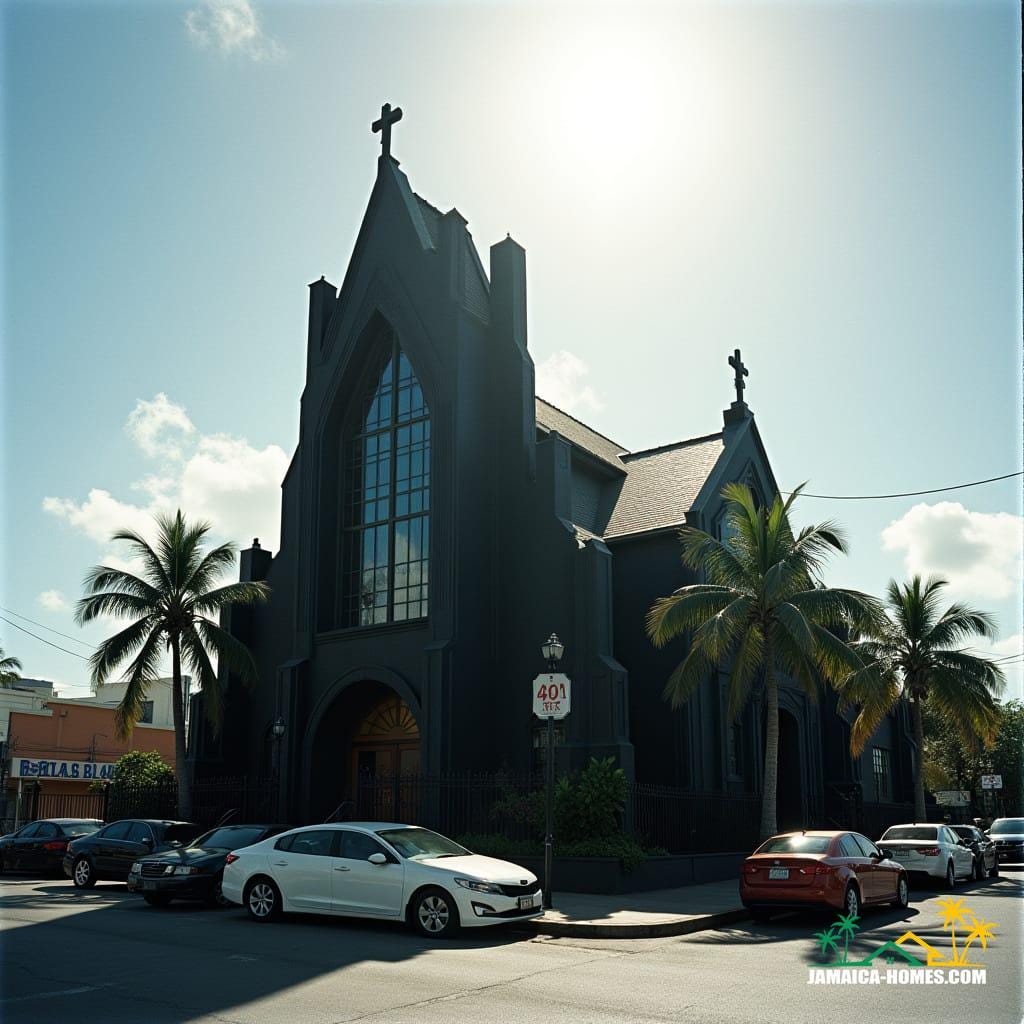 An all black modern gothic church with protruding square features and lots of glass, situated in downtown Kingston, Jamaica. Modern cars are parked outside, with palm trees lining the street. The sun is shining brightly, casting dramatic highlights and shadows. Cinematic film still, shot on v-raptor XL, 35mm film, film grain, vignette, color graded, post-processed, cinematic lighting, live-action, best quality, atmospheric, a masterpiece, epic, stunning.