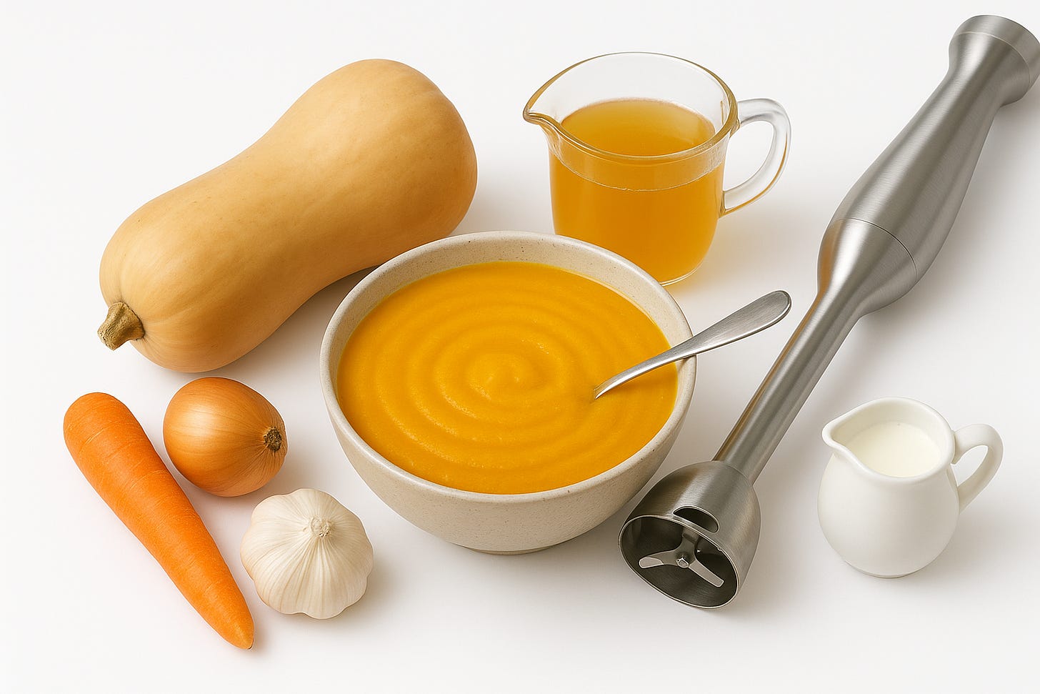 Image of Butternut Squash soup: A carrot, onion, garlic, the squash, chicken stock, half and half, a stick blender. A bowl of soup with a spoon in it is in the center. 
