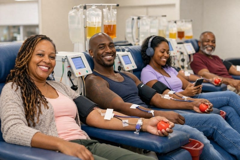 Group of people donating plasma in a medical facility