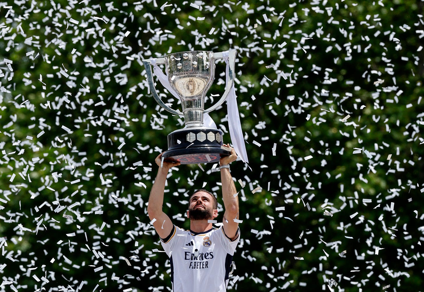Real Madrid captain Nacho pictured lifting Spain's La Liga trophy in May 2024