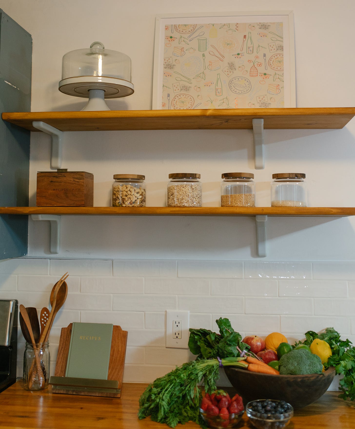 healthy pantry with fresh fruits and vegetables, along with dry goods that make healthy eating easier