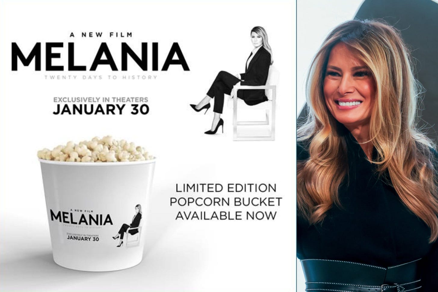 The Melania Trump popcorn bucket (left) and Melania Trump at the New York Stock Exchange on Jan. 28, 2026. 