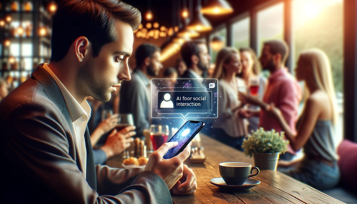 A man at a social gathering looking at his smartphone, which displays an AI interface for social interaction advice. The scene shows him in a moment of reliance on the device, with a background of people engaging in conversations, highlighting the contrast between digital dependence and human interaction. The image should convey a sense of reliance and contemplation, in a photorealistic style.