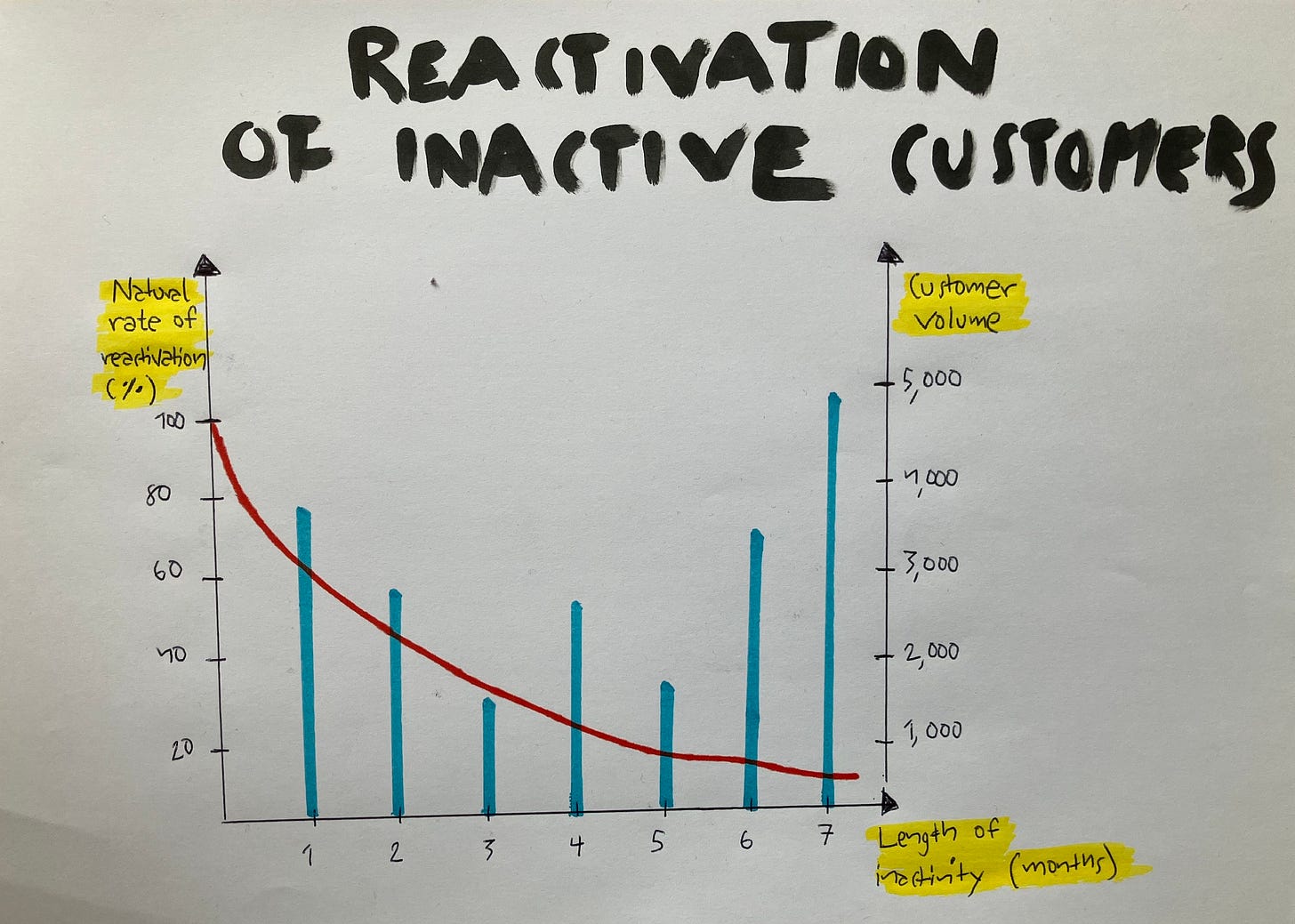 Handdrawn diagram that plots inactive customer volume, length of inactivity and natural rate of reactivation in the same chart Handdrawn diagram that plots inactive customer volume, length of inactivity and natural rate of reactivation in the same chart