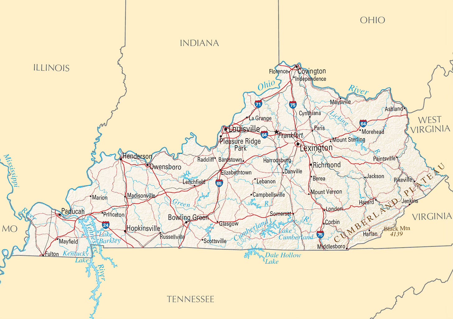 A map of Kentucky, with surrounding states rendered in a yellow/creme color