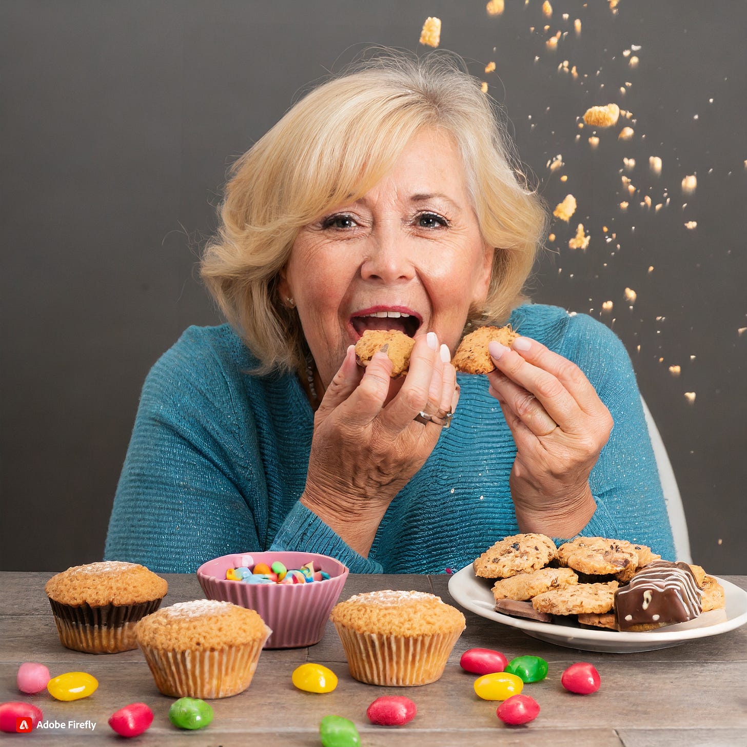 Woman stuffing her face with cookies and sweets with crumbs flying everywhere.