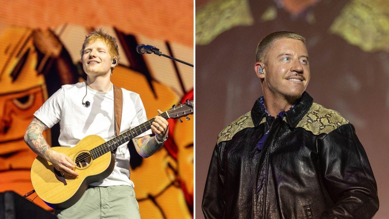 Split photo of Ed Sheeran and Macklemore Split photo of Ed Sheeran and Macklemore