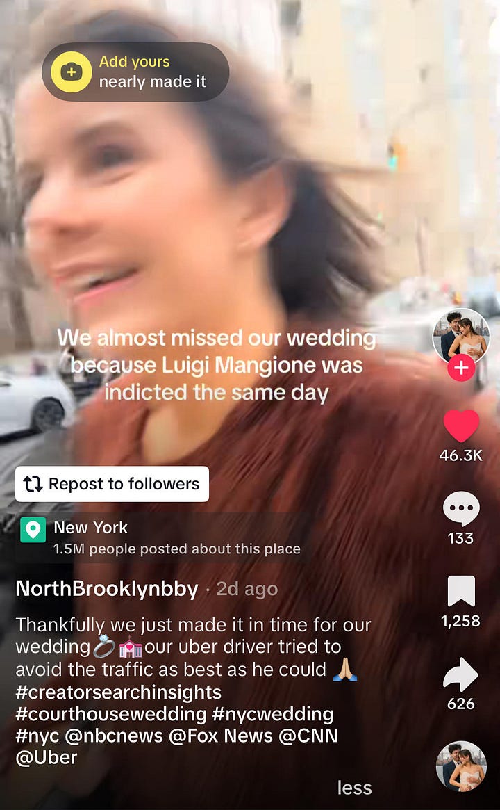 Pictured left: Luigi Mangione at his Court Hearing courtesy of @sza0000000 (TikTok) | Pictured right: Astrid Helen Solberg (@NorthBrooklynBaby) running through the press traffic outside the courts to get to her wedding on time