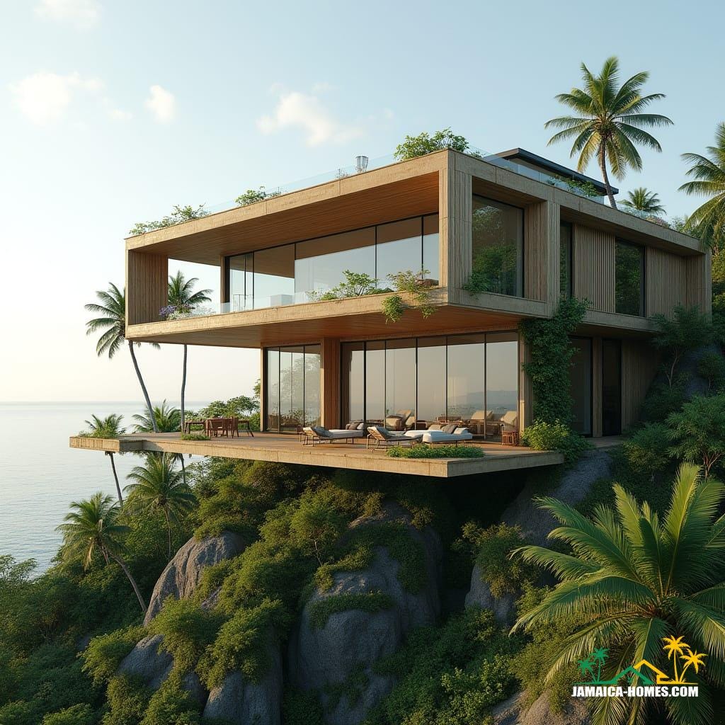 Side elevation of a futuristic Jamaican hilltop home, 2040 design. Modern modular structure with 3D-printed walls, bamboo composite accents, and hurricane-resistant materials. Features include large panoramic windows, green rooftop terraces, vertical gardens, and solar glass panels integrated into the roof. Open-air patios and balconies visible, with subtle smart AI system indicators. Tropical hillside with native plants, palm trees, and flowering shrubs. Bright, warm Caribbean sunlight casting realistic shadows. Ultra-realistic architectural rendering, clean lines, tropical-modern aesthetic, cinematic side view highlighting structure, materials, and design details."