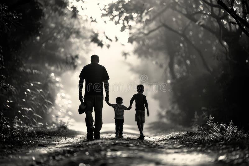 A silhouette of a father and two sons walking along a forest path, with light shining through the trees, Family is not an important thing It's everything. Family two sons illustrations