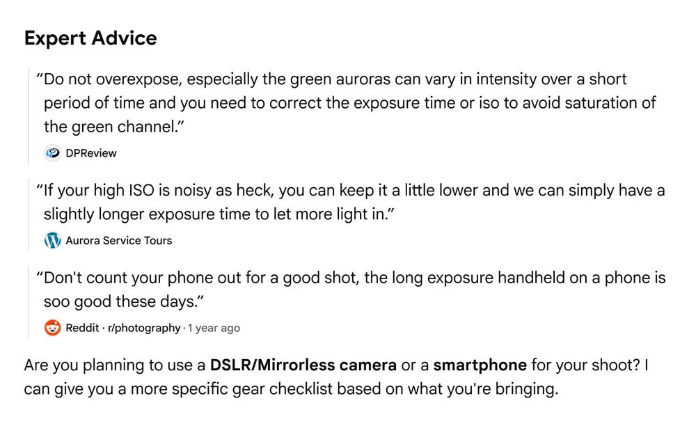 Expert advice on photographing the aurora, suggesting adjusting exposure time or ISO to prevent overexposure of the green channel, using longer exposure times for lower ISO to reduce noise, and noting that modern smartphones can capture good long-exposure handheld shots