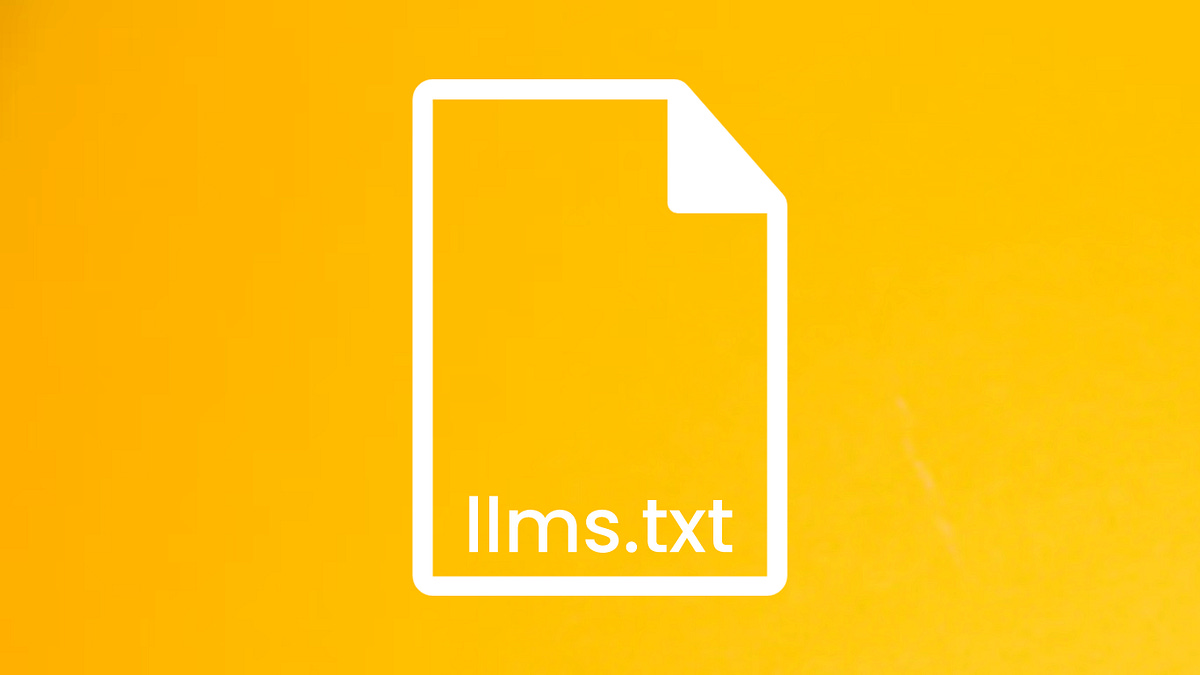 A white outline of a document icon with “llms.txt” text inside it, displayed on a bright yellow/orange background.