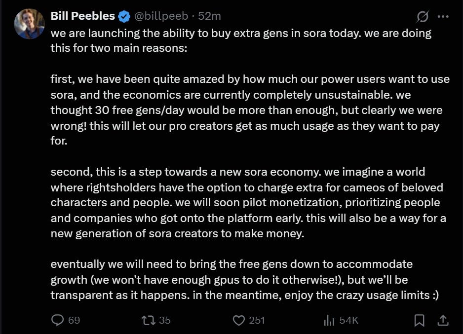 Tweet from Bill Peebles, Head of Sora at OpenAI, announcing the launch of paid credits for users who exceed the 30 free daily generations. The tweet also outlines OpenAI’s broader vision for a “Sora economy,” where rights-holders can charge for AI-generated cameos of beloved characters—paving the way for monetization opportunities for IP owners and early creators on the platform. 