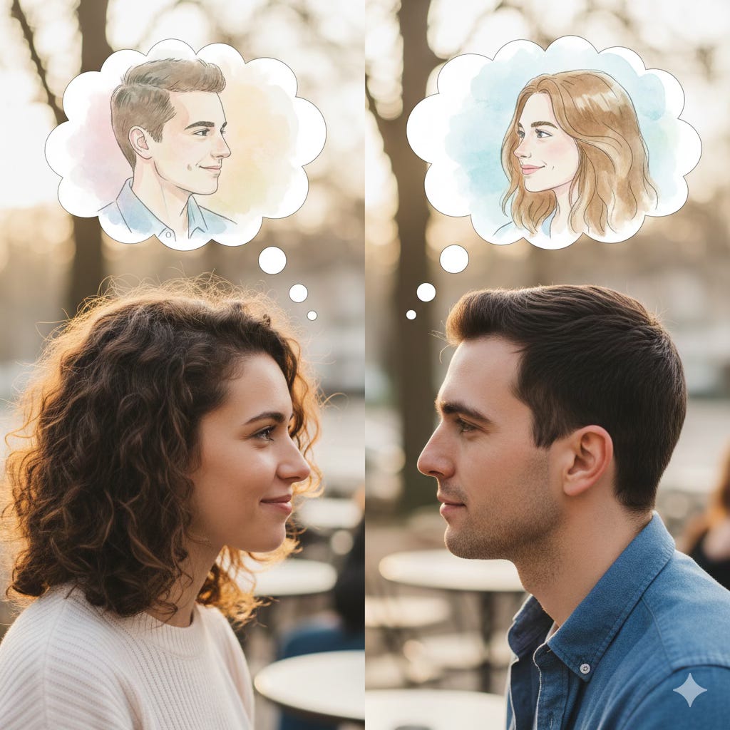 Two people look at one another thinking of the other person