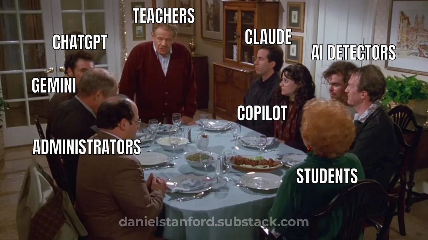 Image of Seinfeld Festivus gathering with teachers airing grievances and AI tools, administrators, and students seated around the table.