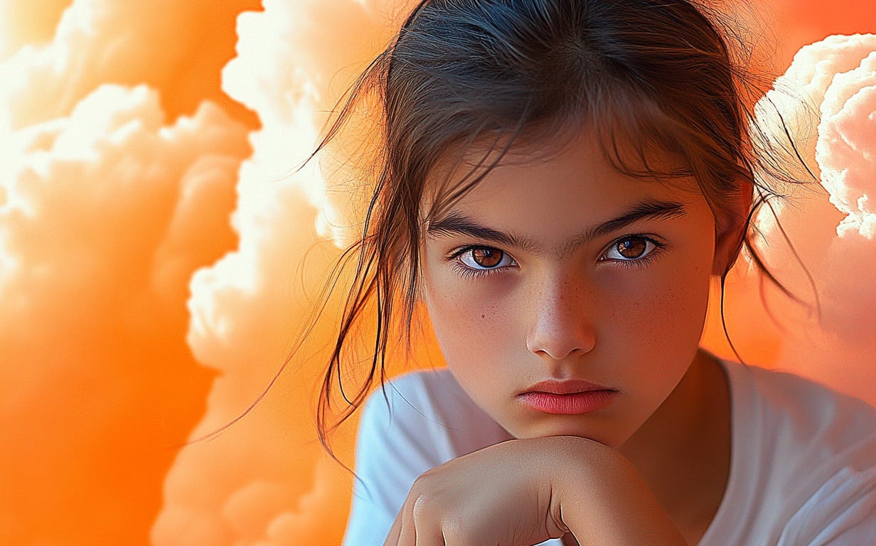 A student with a steady, intense gaze sits against an orange background, symbolizing emotional overload and the brain’s instinct to protect itself during defiance. A student with a steady, intense gaze sits against an orange background, symbolizing emotional overload and the brain’s instinct to protect itself during defiance.