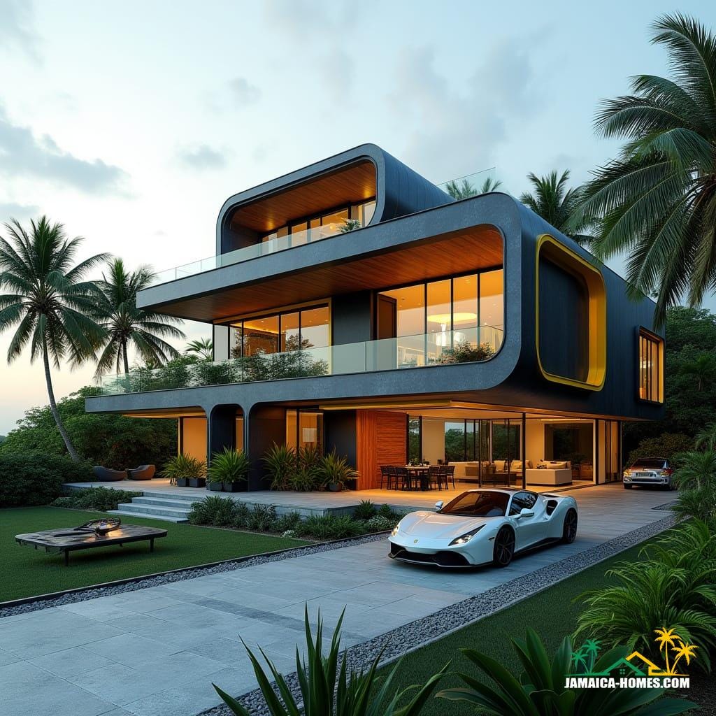 A jaw-dropping, buildable modern Jamaican home in the Caribbean, featuring a bold new style that blends tropical modernism with futuristic geometric forms. Floating terraces, cantilevered sections, and curved rooflines define the structure. Exterior materials include sleek black concrete, polished cement, and natural wood, accented with vibrant Jamaican colors—green, yellow, and black—on panels and trims. Large glass walls and floor-to-ceiling windows maximize natural light and ocean views. Lush tropical landscaping with palm trees surrounds the home, and a luxury car is parked on a stylish driveway. Shot on v-raptor XL with 35mm film grain and a cinematic color grade, this ultra-realistic rendering uses post-processed cinematic lighting, a slight vignette, and high detail to create an atmospheric, masterpiece quality image with an unmistakably Caribbean vibe. A jaw-dropping, buildable modern Jamaican home in the Caribbean, featuring a bold new style that blends tropical modernism with futuristic geometric forms. Floating terraces, cantilevered sections, and curved rooflines define the structure. Exterior materials include sleek black concrete, polished cement, and natural wood, accented with vibrant Jamaican colors—green, yellow, and black—on panels and trims. Large glass walls and floor-to-ceiling windows maximize natural light and ocean views. Lush tropical landscaping with palm trees surrounds the home, and a luxury car is parked on a stylish driveway. Shot on v-raptor XL with 35mm film grain and a cinematic color grade, this ultra-realistic rendering uses post-processed cinematic lighting, a slight vignette, and high detail to create an atmospheric, masterpiece quality image with an unmistakably Caribbean vibe.
