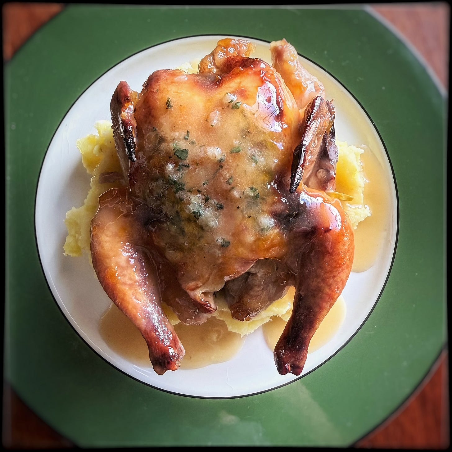 A whole, roasted spatchcocked Cornish game hen with gravy and mashed potatoes. A whole, roasted spatchcocked Cornish game hen with gravy and mashed potatoes.