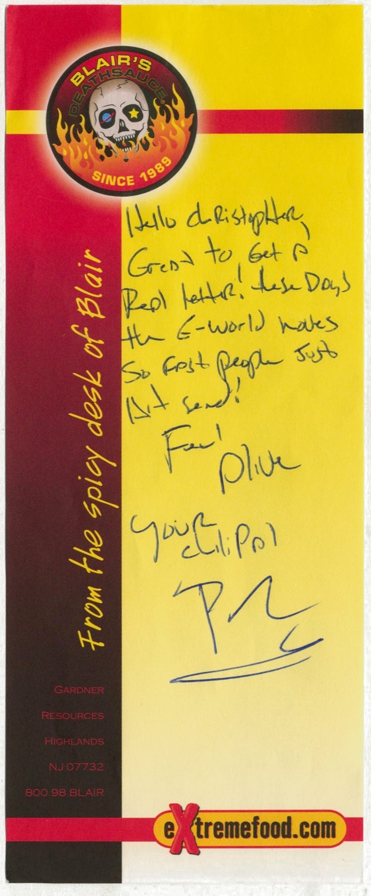 Scan of the note from Blair. Transcript follows.