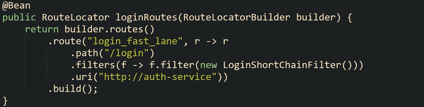 @Bean public RouteLocator loginRoutes(RouteLocatorBuilder builder) {     return builder.routes()         .route("login_fast_lane", r -> r             .path("/login")             .filters(f -> f.filter(new LoginShortChainFilter()))             .uri("http://auth-service"))         .build(); }