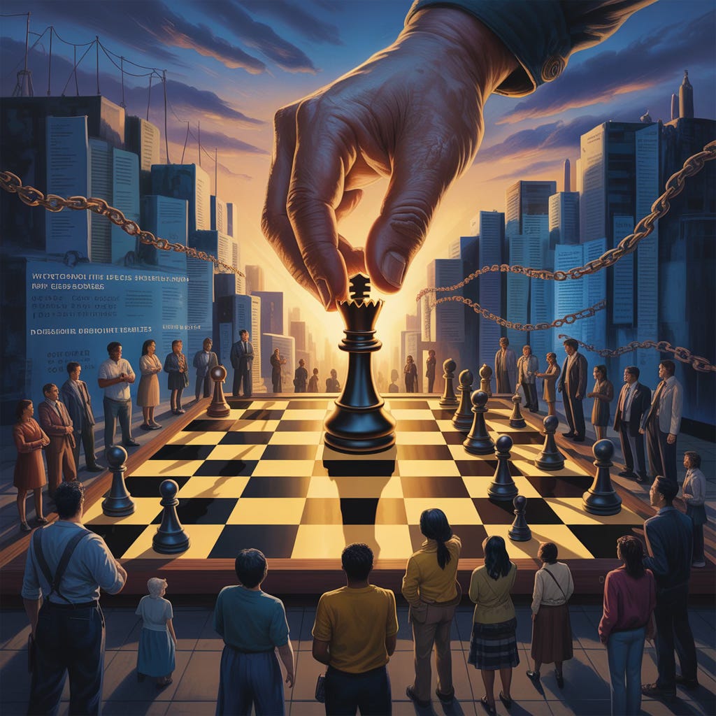 An epic, symbolic chessboard set in a dramatic urban landscape at twilight, glowing golden and deep blue hues — a powerful hand poised to move a glowing chess piece that emits light breaking through shadowy, towering walls of text and tangled chains representing dominant narratives — around the board, diverse activists, storytellers, and movement builders watch and prepare, with subtle visual elements referencing historical protests like bus boycotts, die-ins, and Indigenous resistance — overlay of a faint timeline and narrative threads weaving through the scene, illustrating strategic moments in time and place — cinematic, high contrast, dynamic composition, mix of realism and symbolic surrealism"