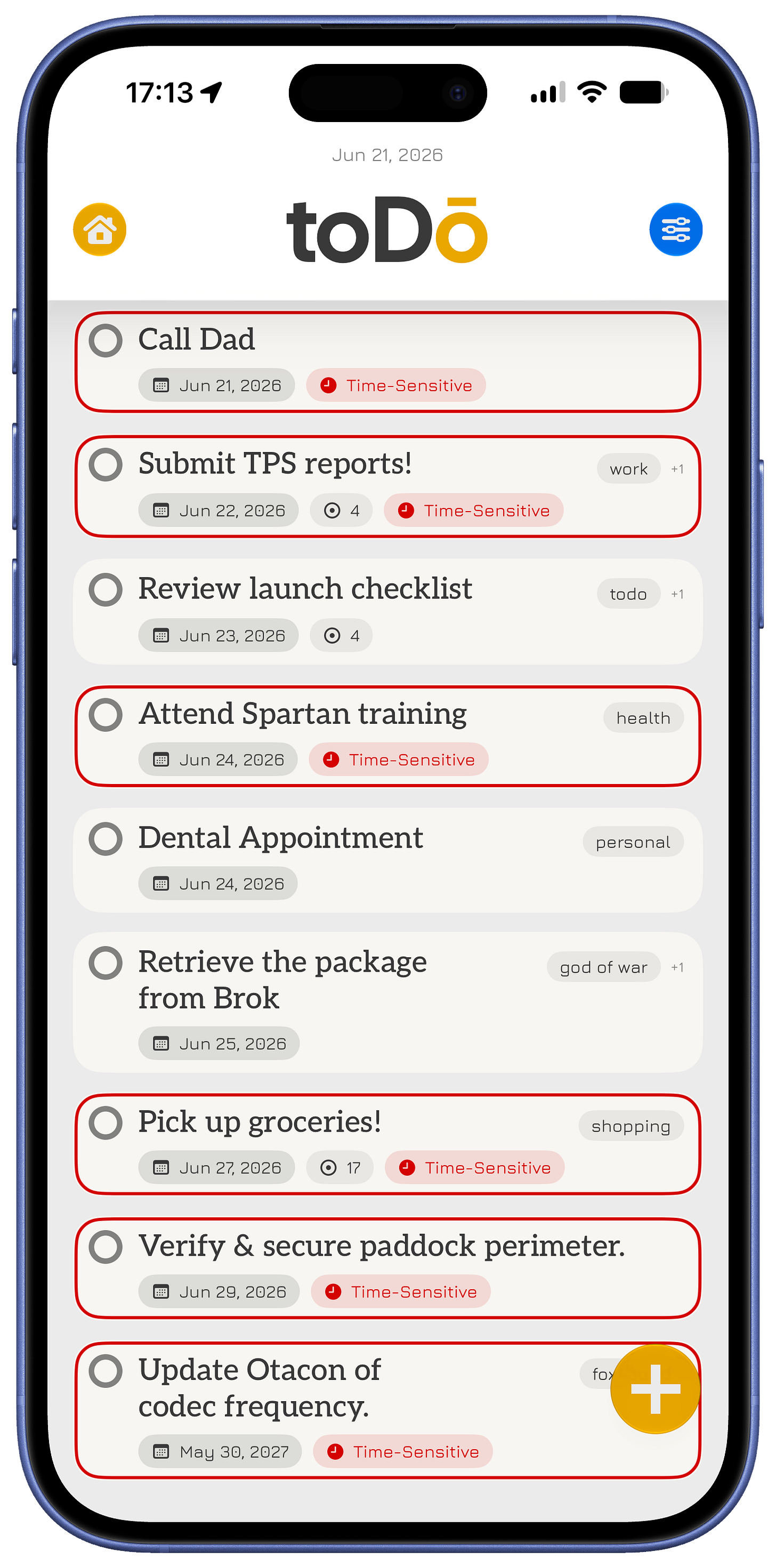 toDō task list on iPhone showing active tasks with due dates, tags, NanoDo counts, and Time-Sensitive reminder indicators, including everyday tasks and references to Halo, God of War, Jurassic Park, and Metal Gear Solid for fellow fans to enjoy.