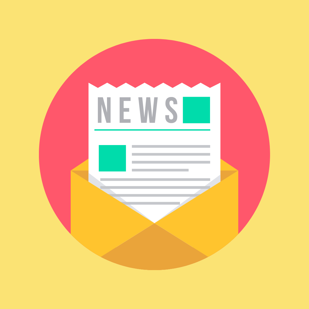 Pink circle on a yellow background with a graphic icon of an opening envelope and the words NEWS