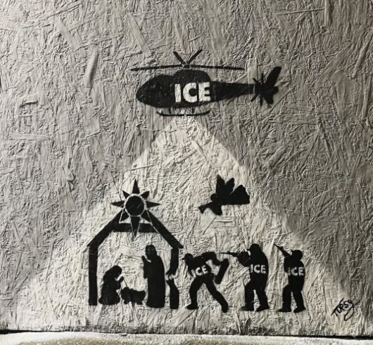street art painting of a nativity set. THere is an ICE helicopter spotlighting the scene from the top. There are ICE men with guns about to enter the manger where this a woman and a man over a crib. street art painting of a nativity set. THere is an ICE helicopter spotlighting the scene from the top. There are ICE men with guns about to enter the manger where this a woman and a man over a crib.