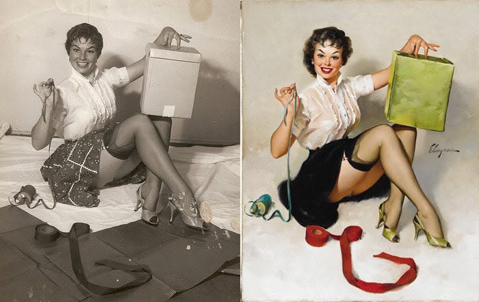 Experience the fascinating transformation: Gil Elvgren masterfully elevates a real woman's candid photograph into a vibrant, playful pin-up masterpiece with his iconic brush. Experience the fascinating transformation: Gil Elvgren masterfully elevates a real woman's candid photograph into a vibrant, playful pin-up masterpiece with his iconic brush.