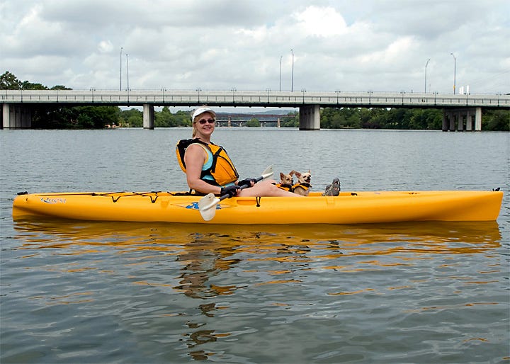 Three photos of my Chihuahuas at various ages, and the final photo shows us kayaking together in the summer of 2013, just before Frida was killed. 