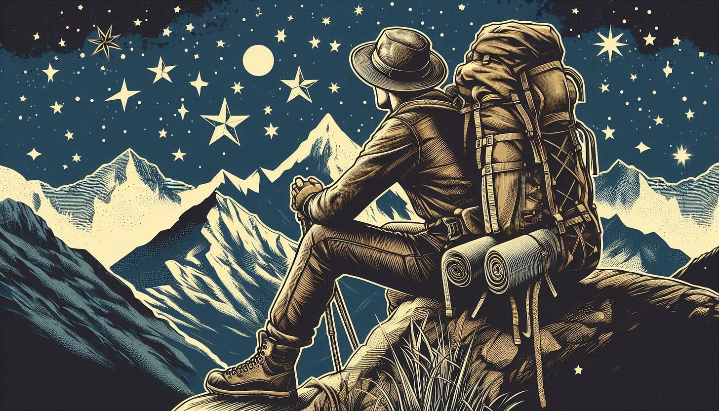 A stylized illustration of a lone hiker sitting on a rocky outcrop at night, gazing at a star-filled sky and majestic mountain peaks in the distance. The hiker, wearing a hat and a large backpack with rolled-up gear, appears reflective and serene. The scene features deep blue tones with bright stars and the moon illuminating the rugged mountain landscape, creating a sense of wonder and solitude in the wilderness.