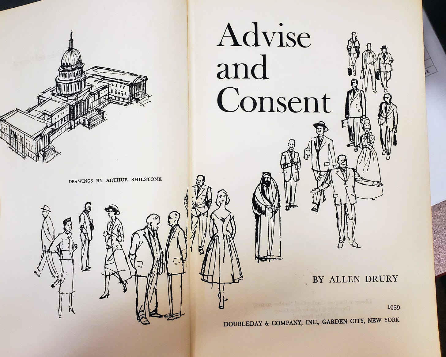 Pencil drawing of the Capitol Building and various besuited 1950s individuals