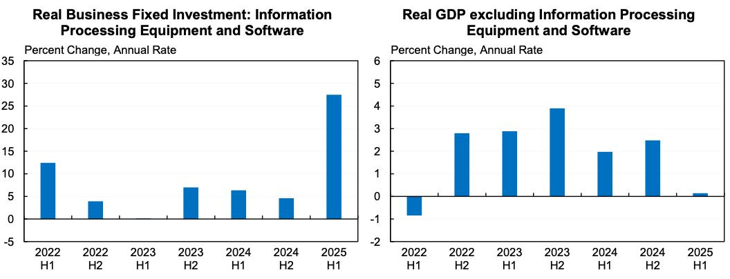 Two bar charts displaying percent change, annual rate. Left chart, titled "Real Business Fixed Investment: Information Processing Equipment and Software," shows bars for H1 2022 to H1 2025, peaking at 30% in H1 2025. Right chart, titled "Real GDP excluding Information Processing Equipment and Software," shows bars for the same periods, peaking at 6% in H1 2023.
