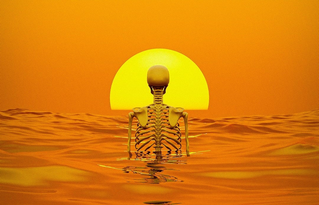 A skeleton floating in the ocean at sunset