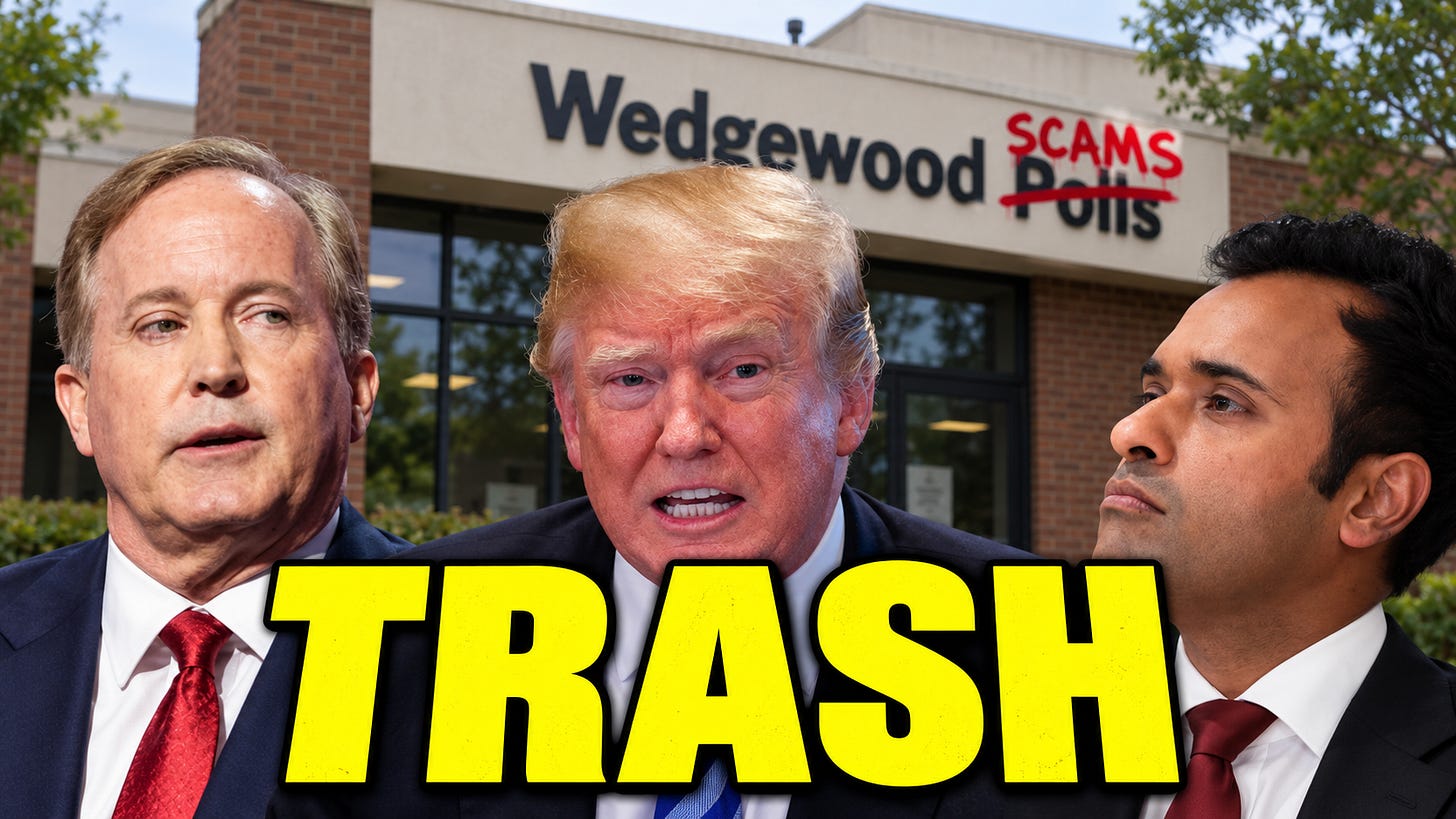Paxton, Trump, and Ramaswamy in front of a Wedgewood "Scams" store