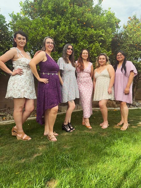 Dressed up Ladies gathering for sound bath, flower wreath making, and food