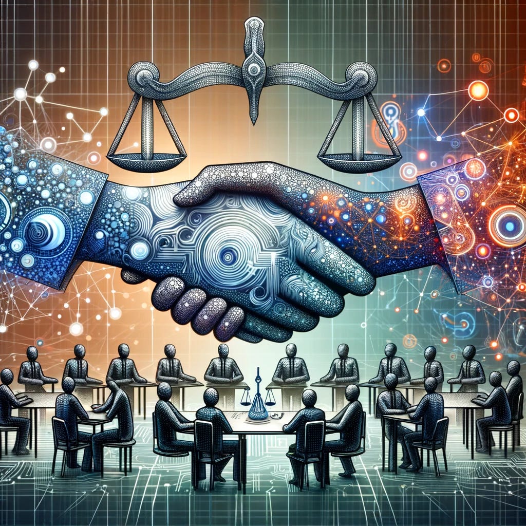 Design a visual representation that embodies the concept of 'The Multiplier Effect: AI, Consensus Building, & Negotiation' without using any text. Focus on symbolizing the integration of Artificial Intelligence (AI) with the art of consensus building and negotiation. Use abstract imagery or symbols such as connected networks, handshakes merging with digital patterns, scales of justice balanced by technology, or people gathered around a digital table, to convey the idea of AI enhancing traditional negotiation and consensus-building processes. Highlight the seamless blend of technology and human collaboration in achieving successful outcomes.