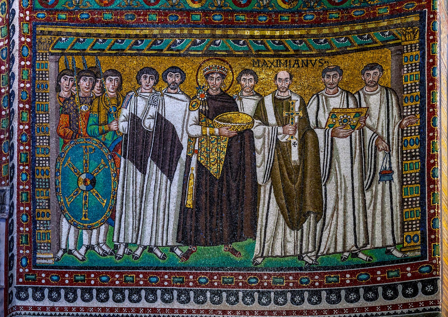 Emperor Justinian and his court, mosaic, sixth century. Basilica of San Vitale, Ravenna, Italy. Photo: Steven Zucker, CC BY 2.0 Emperor Justinian and his court, mosaic, sixth century. Basilica of San Vitale, Ravenna, Italy. Photo: Steven Zucker, CC BY 2.0