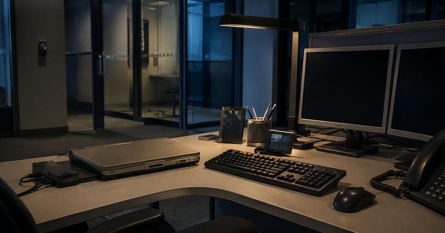 An unattended early-2000s company laptop at an empty corporate workstation behind badge-controlled glass doors. An unattended early-2000s company laptop at an empty corporate workstation behind badge-controlled glass doors.