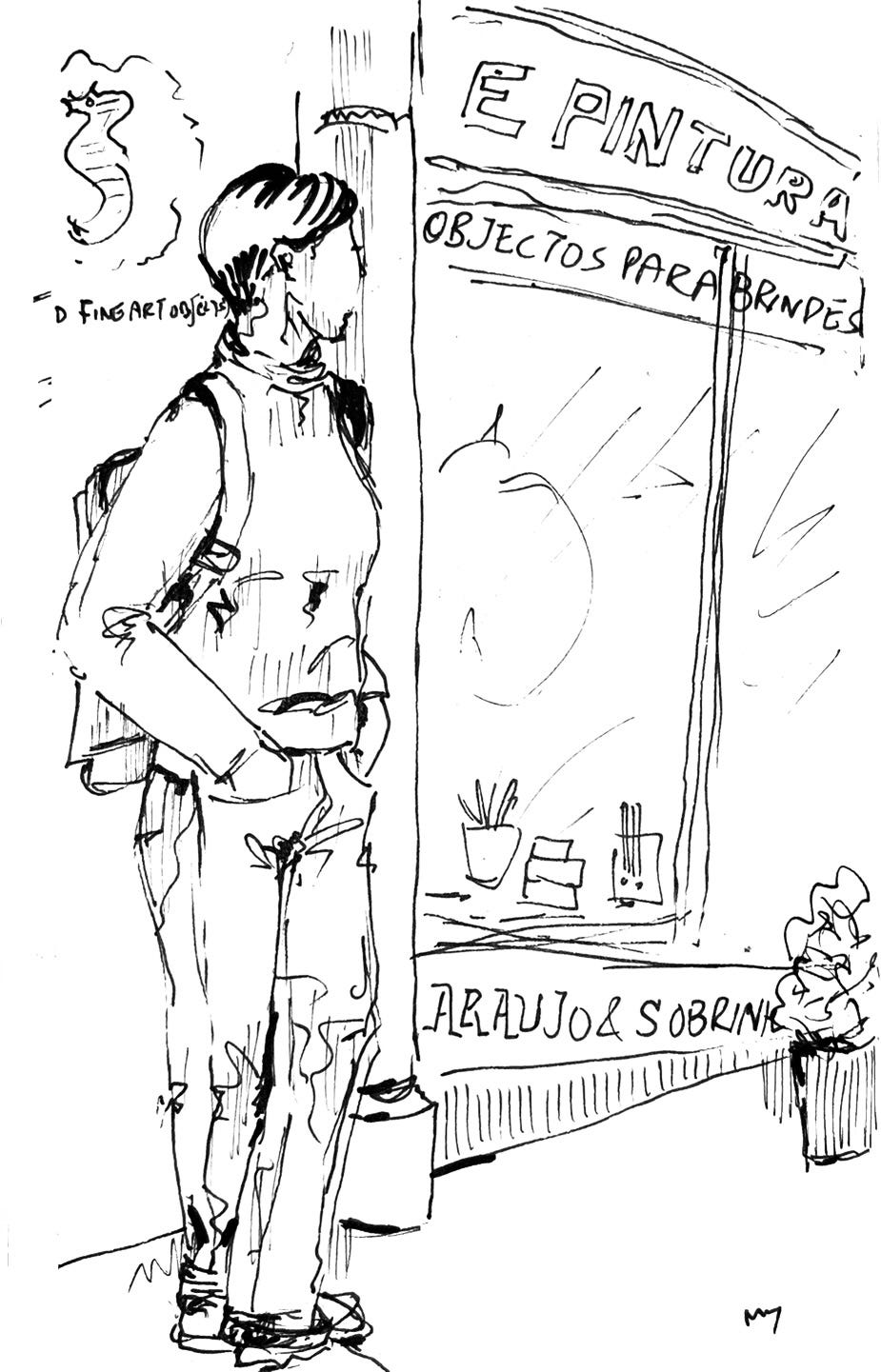 Image: black & white sketch with fine liner pen and brush pen of me, standing with my face turning sideways, in front of Araujo & Sobrinho shop with its window display. Black doors, gold colour font, very traditional kind of feel. Image: black & white sketch with fine liner pen and brush pen of me, standing with my face turning sideways, in front of Araujo & Sobrinho shop with its window display. Black doors, gold colour font, very traditional kind of feel.