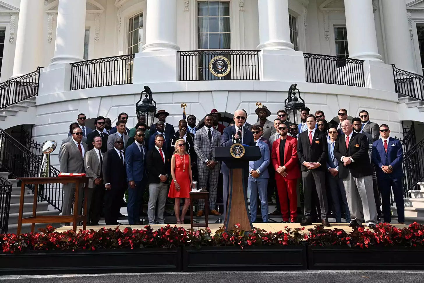 US President Joe Biden speaks during a celebration for the Kansas City Chiefs, 2023 Super Bowl champions, on the South Lawn of the White House in Washington, DC, on June 5, 2023. (Photo by ANDREW CABALLERO-REYNOLDS / AFP) (Photo by ANDREW CABALLERO-REYNOLDS/AFP via Getty Images)