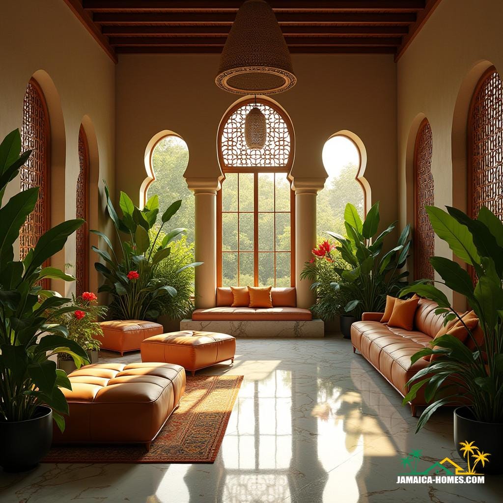 Luxurious modern Riad-style home in Kingston, Jamaica, set amidst lush Caribbean foliage, warm golden light spilling through intricately patterned mashrabiya windows, casting dramatic shadows on cool white marble floors. Exquisite interior design blending Moroccan elegance with island charm, plush furnishings in rich jewel tones, surrounded by lush greenery and vibrant tropical flowers.