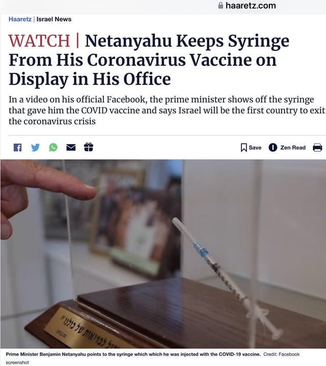 r/conspiracy - Netanyahu Keeps Syringe From His Coronavirus Vaccine on Display in His Office as a Souvenir