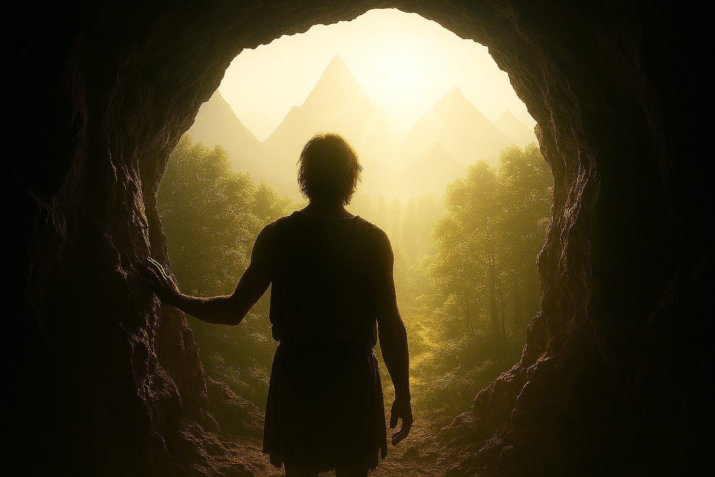 A visual representation of Plato's Allegory of the Cave, showing a figure leaving the darkness to discover the luminous reality outside. It symbolizes the journey from illusion to true insight.