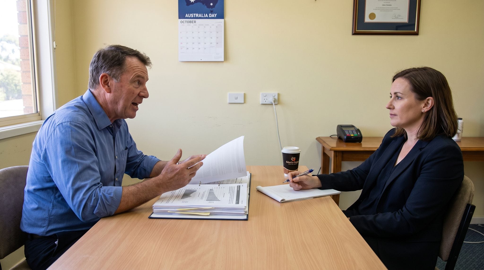 A business owner leans over the presentation document he has prepared while the person assessing him ignores it and watches his face.