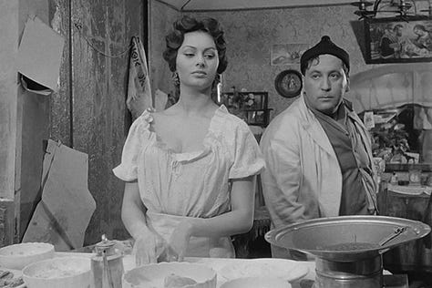 Sophia Loren serving pizza on the street in The Gold of Naples (1954) | Film Flavor: A Newsletter Surveying Food in Film