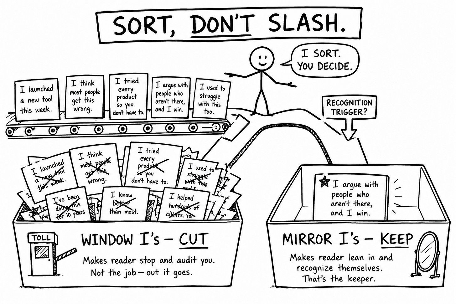 Hand-drawn sketch titled "Sort, don't slash." First-person "I" sentences ride a conveyor to a fork marked "recognition trigger?". A stick figure says "I sort, you decide." Most cards get crossed out into a "Window I's, cut" bin; one goes to a starred "Mirror I's, keep" bin. Shows how to triage first-person writing and fill you-shaped holes instead of deleting every self-reference. Hand-drawn sketch titled "Sort, don't slash." First-person "I" sentences ride a conveyor to a fork marked "recognition trigger?". A stick figure says "I sort, you decide." Most cards get crossed out into a "Window I's, cut" bin; one goes to a starred "Mirror I's, keep" bin. Shows how to triage first-person writing and fill you-shaped holes instead of deleting every self-reference.