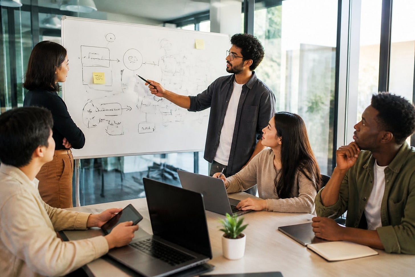 A group of professionals in a conference room collaborating and discussing ideas around a table with a whiteboard in the background.