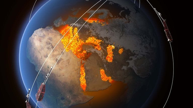 Pensa-se que o campo magnético seja em grande parte gerado por um oceano de ferro líquido sobreaquecido e rodopiante que compõe o núcleo externo da Terra a 3000 km sob nossos pés.  Atuando como o condutor rotativo em um dínamo de bicicleta, gera correntes elétricas e, portanto, o campo eletromagnético em constante mudança.  Outras fontes de magnetismo vêm de minerais no manto e na crosta terrestre, enquanto a ionosfera, magnetosfera e oceanos também desempenham um papel.  A constelação da ESA de três satélites Swarm é